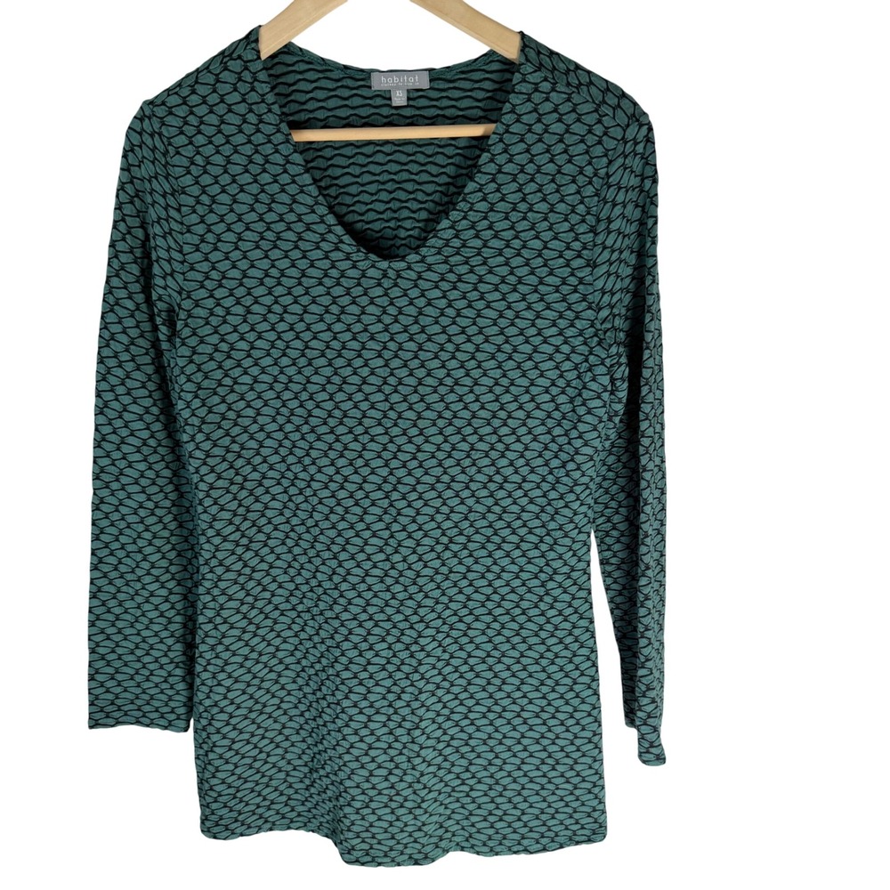 Habitat Clothes To Live In Womens Teal Black Textured V-Neck Long Sleeve Top XS